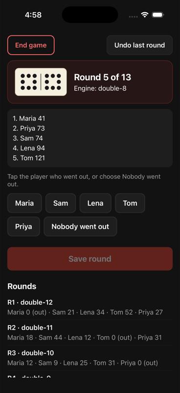 Train Count mid-game: Round 5 of 13 with the double-8 engine tile and five players' running totals
